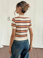 Women's Preppy Striped Knit Polo Shirt, Slim-Fit Short-Sleeve with Contrast Collar, Soft Lightweight Summer Top, Striped Polo Shirts