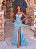 Elegant Sequin Spaghetti Strap Rhinestone Patchwork Fishbone High Waist High Slit Tie Back Open Back Evening Dress Fall