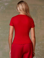 Women's Casual Red Single-Breasted Short Sleeve Fitted Top,Red Top,Christmas, Cute Vacation,Resort Wear,Summer Holiday,Spring,Spring Break,Beach