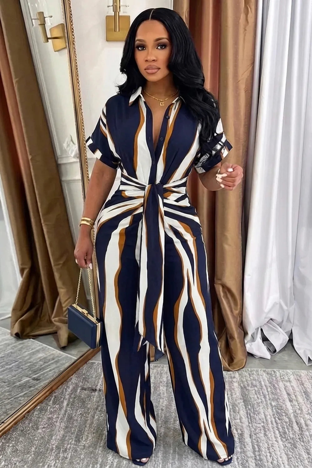 Turndown Collar Short Sleeve Wide Leg Casual Jumpsuit-Multicolor