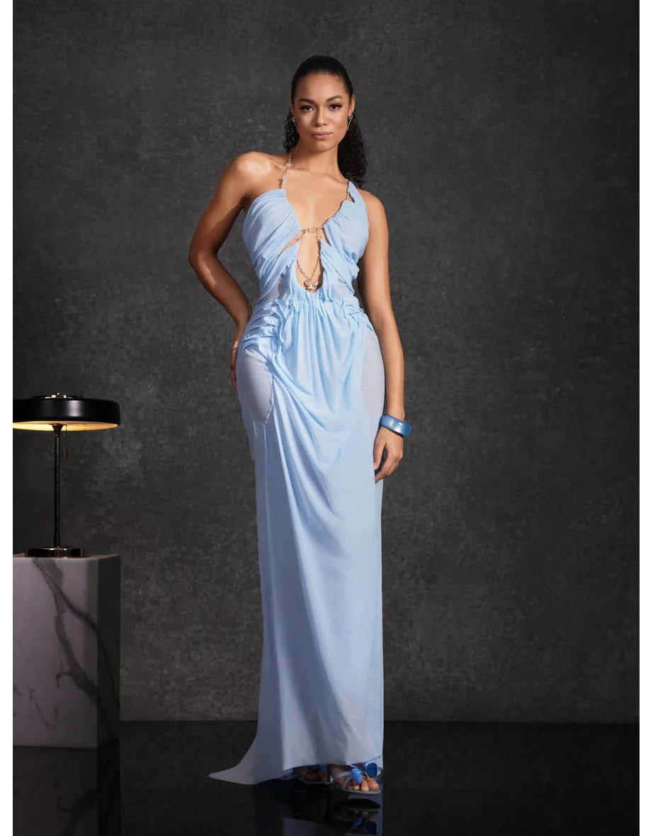 Daiki Halterneck Ruched Maxi Dress In Champagne