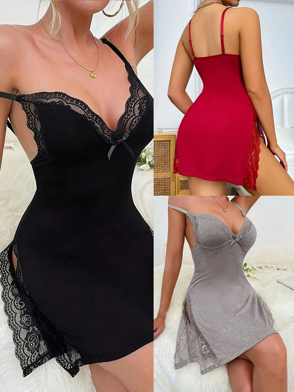 3PCS Slip Into Elegance With This 3pcs Women's Lace Pajama Set. Designed With Sheer Lace Panels And Side Slits