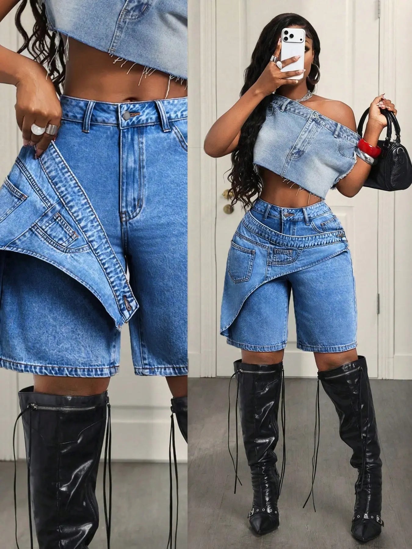 Women's Casual Denim Shorts, Cross-Waist Design, Loose-Fit, Solid Pattern, Trendy Summer Fashion, Perfect for Parties and Daily Wear