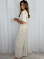 Crochet Detailing Pinstripe Longline Top And Trousers Co-Ord (4 Colours)