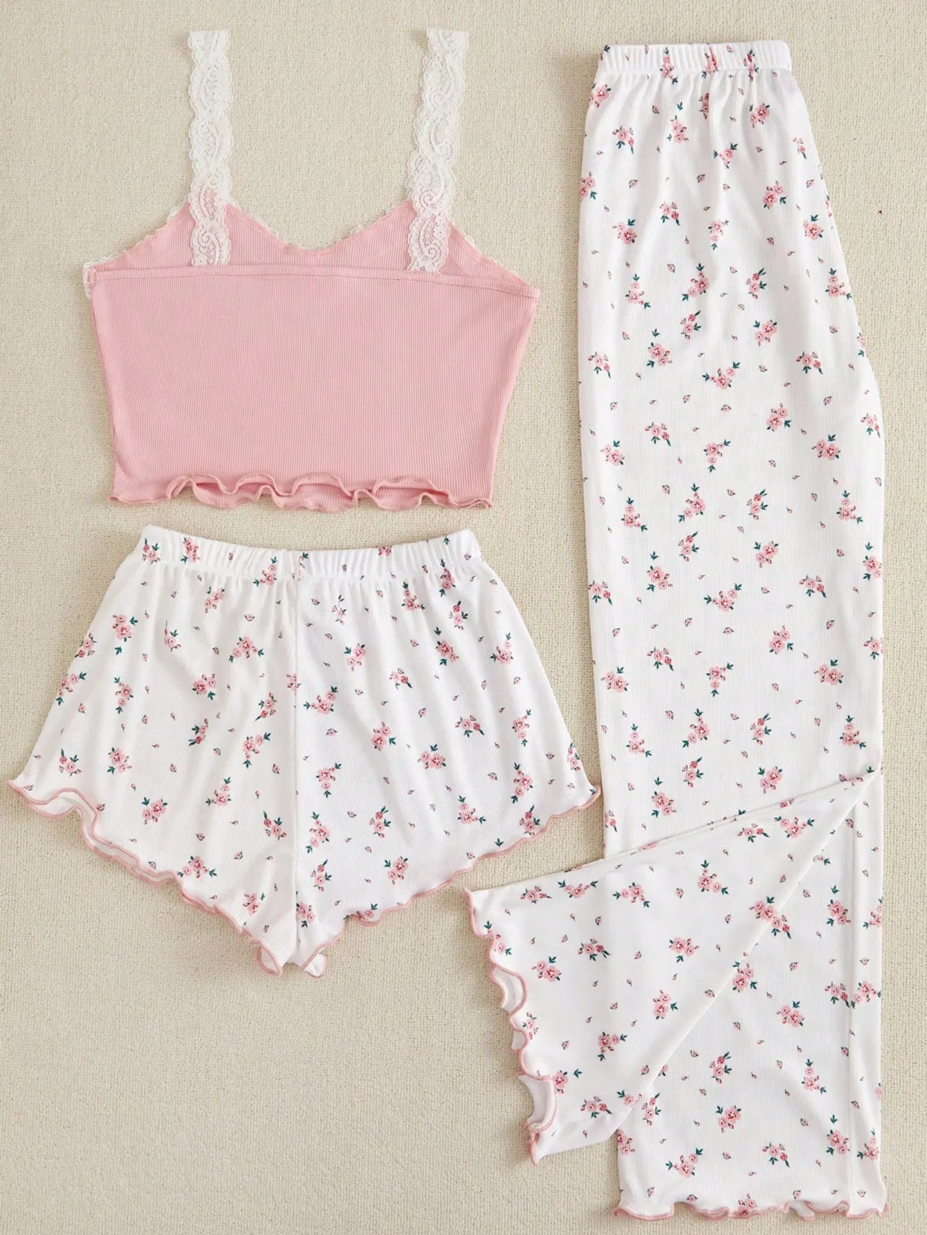 CottageSlumber Women's Lace Trim Cami Top And Floral Print Shorts & Long Pants Pajama Set Bountiful Floral Splendor Cozy And Elegant Details