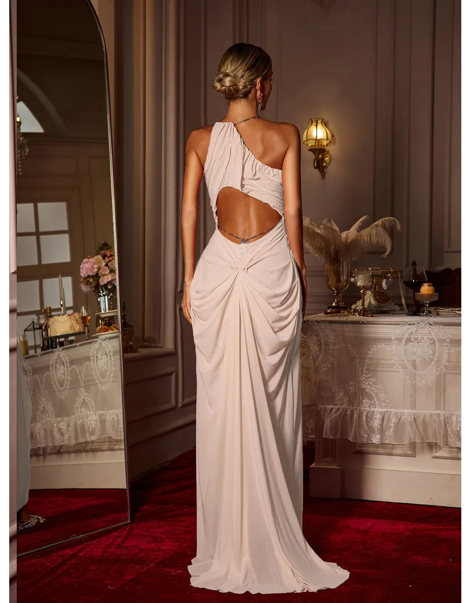 Daiki Halterneck Ruched Maxi Dress In Champagne