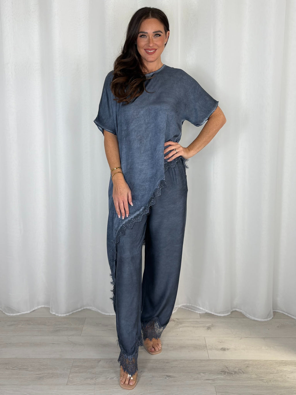 Asymmetric Top And Trouser Co-Ord With Lace Trim (3 Colours)