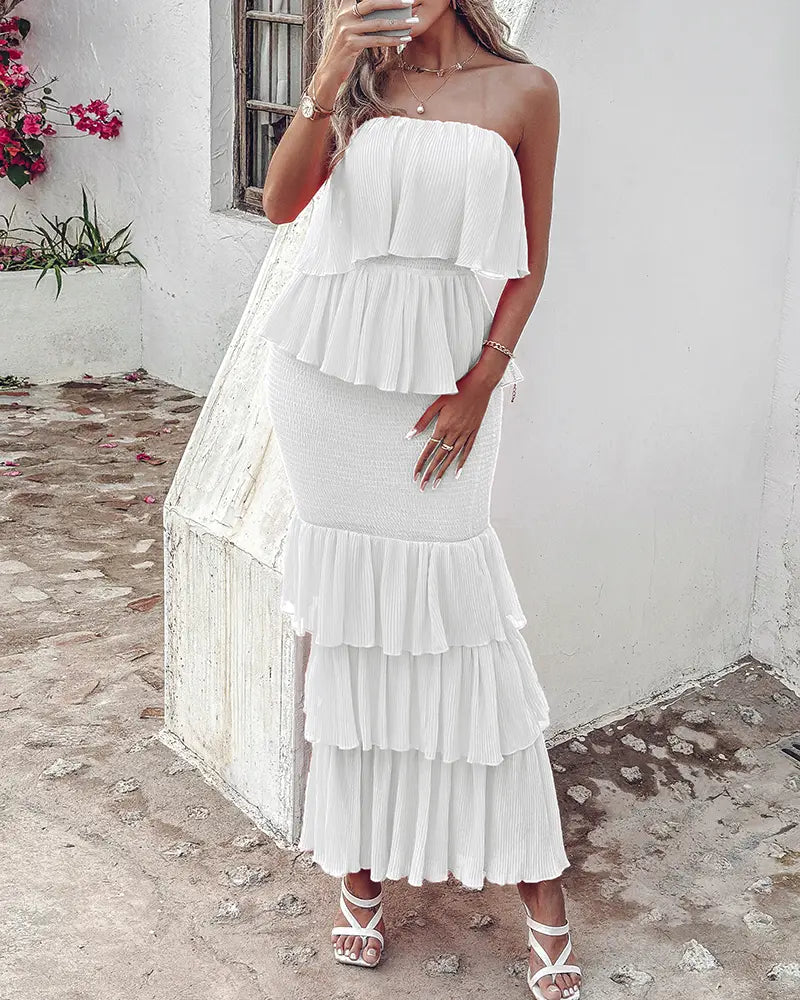 Women's Bandeau Shirred Ruffle Hem Wedding Guest Layered Wedding Dress/Women's Ruched Bodycon Dress/Women's Shirred Ruffle Hem Dress Womenswear