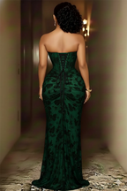 Strapless Corset See-Through Lace Slit Party Maxi Dresses-Black
