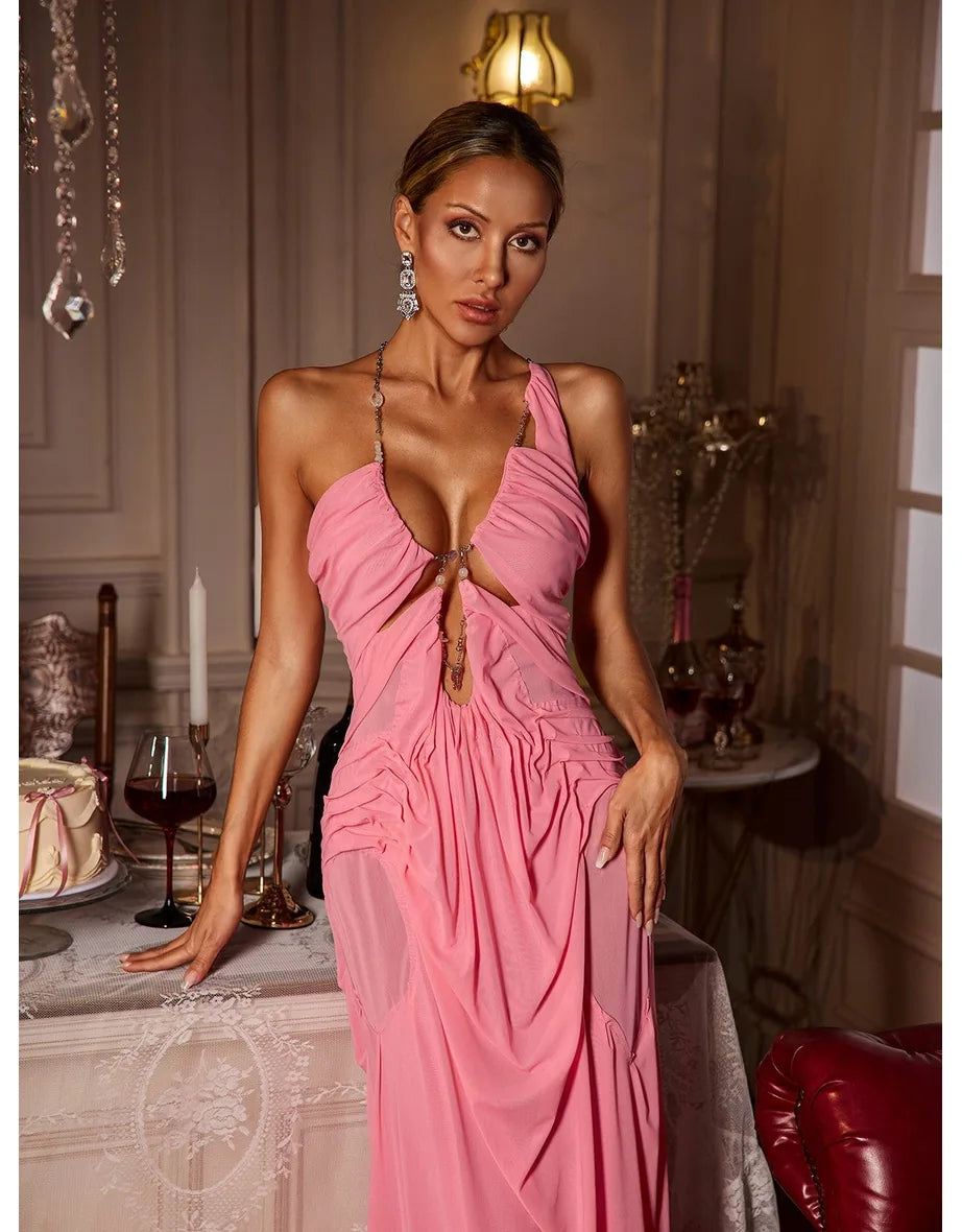 Daiki Halterneck Ruched Maxi Dress In Champagne