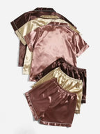 3sets Contrast Piping Satin Blouse & Shorts PJ Set / Pajama Set