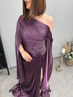 Metallic One-Shoulder Cape Maxi Dress