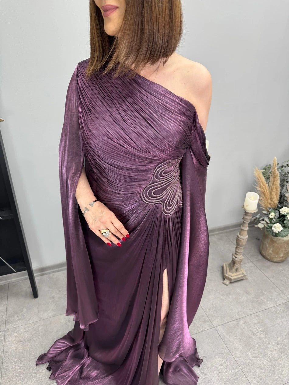 Metallic One-Shoulder Cape Maxi Dress