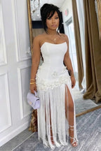 Strapless 3D Flower Fringe Patchwork Gowns Maxi Dresses-White