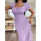 Women's Casual Solid Color Jacquard Gathered Ruffle Trim Square Neck Maxi Loungewear Dress Brown Dress Lounge Dress Summer Dress Tie Front Dress Midi Dress