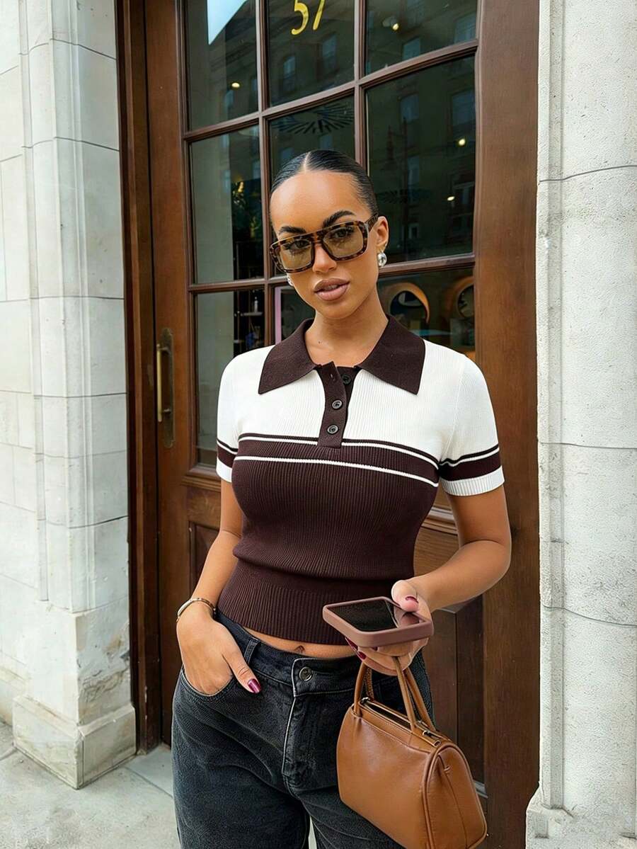 Spring/Summer Y2K Coffee & White Colorblock Polo Collar Short Sleeve Knit Top, Ribbed Vintage Soft Casual, Suitable For Daily And Party Wear