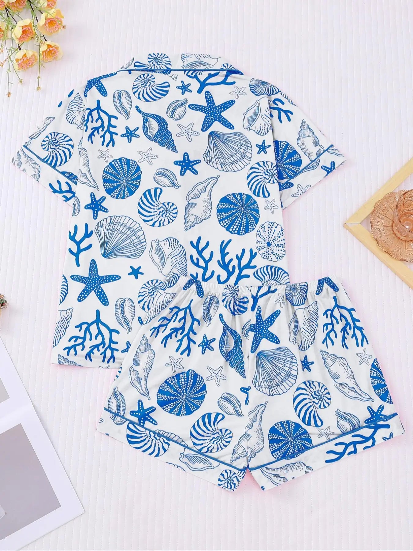 Women's All Over Shell Print Short Sleeve Pajama Two-piece Set
