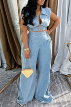 Women's Collar Zipper Short Top+pants Casual Set