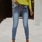 Women's Washed Denim Trousers with Button and Zipper Cut