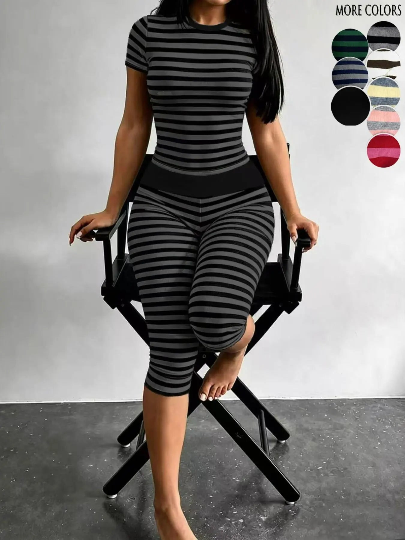 Yellow Grey Striped Two Piece Loungewear Set Crew Neck Short Sleeve Slim Crop Top High Waist Capri Leggings Stretch Fitted Matching Outfit ideal for home relaxation gym training grocery runs and casual everyday all season comfy outfits