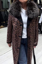 Women Elegant Gorgeous Velvet Leopard Print Fur Collar Lace-Up Coat