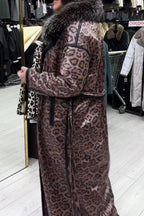 Women Elegant Gorgeous Velvet Leopard Print Fur Collar Lace-Up Coat