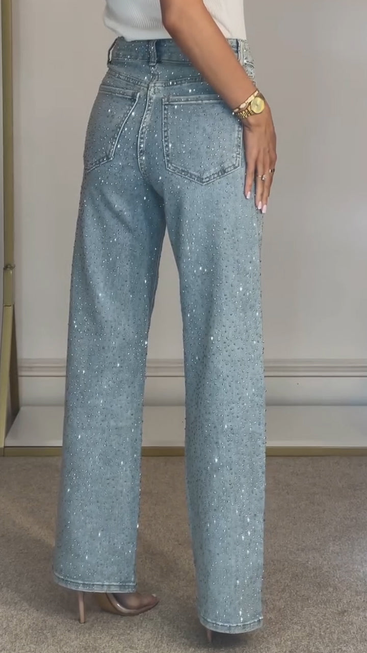 Ladies High Waisted Diamond Hot Stamping and Sparkling Casual Jeans