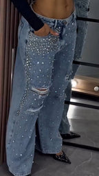Ladies Hot Stamping Hole Perforated Casual Jeans