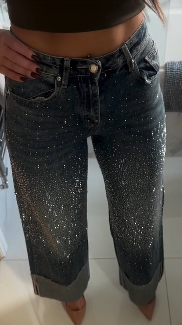 Women High Waisted Rhinestone Spliced Casual Jeans