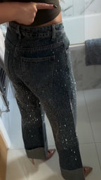Women High Waisted Rhinestone Spliced Casual Jeans