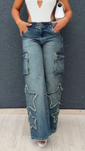 Women High-waisted Patchwork Star Wash Casual Jeans