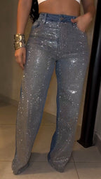Ladies High Waisted Diamond Hot Stamping and Sparkling Casual Jeans