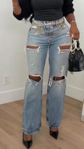 Women High-waisted Ripped Washed Casual Jeans