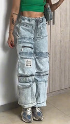 Women Drawstring Spliced Multi Pocket Casual Jeans