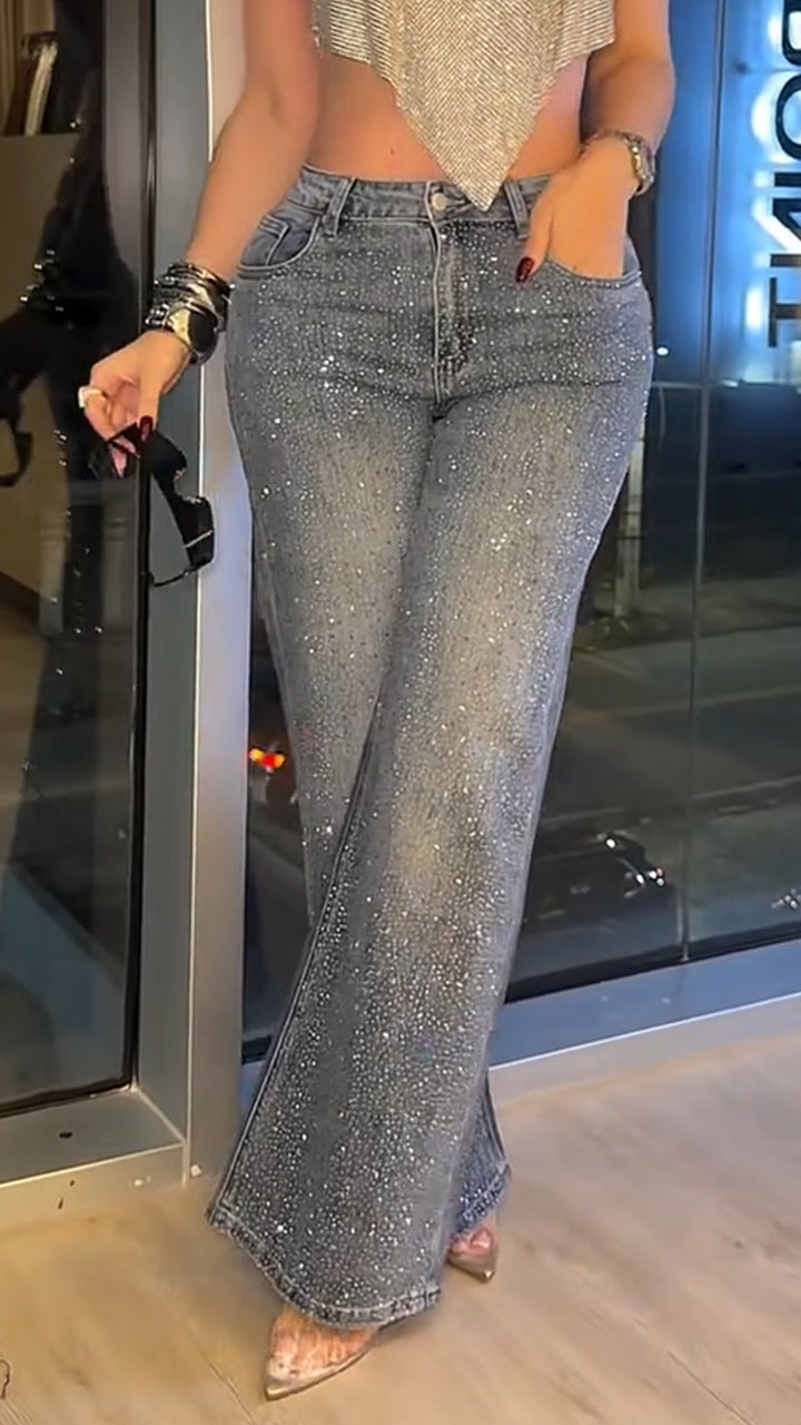 Women Rhinestone Washed Casual Jeans