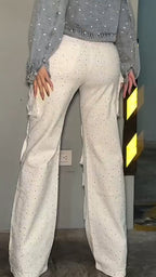 Womens Hot Stamping Spliced Multi Pocket Casual Jeans