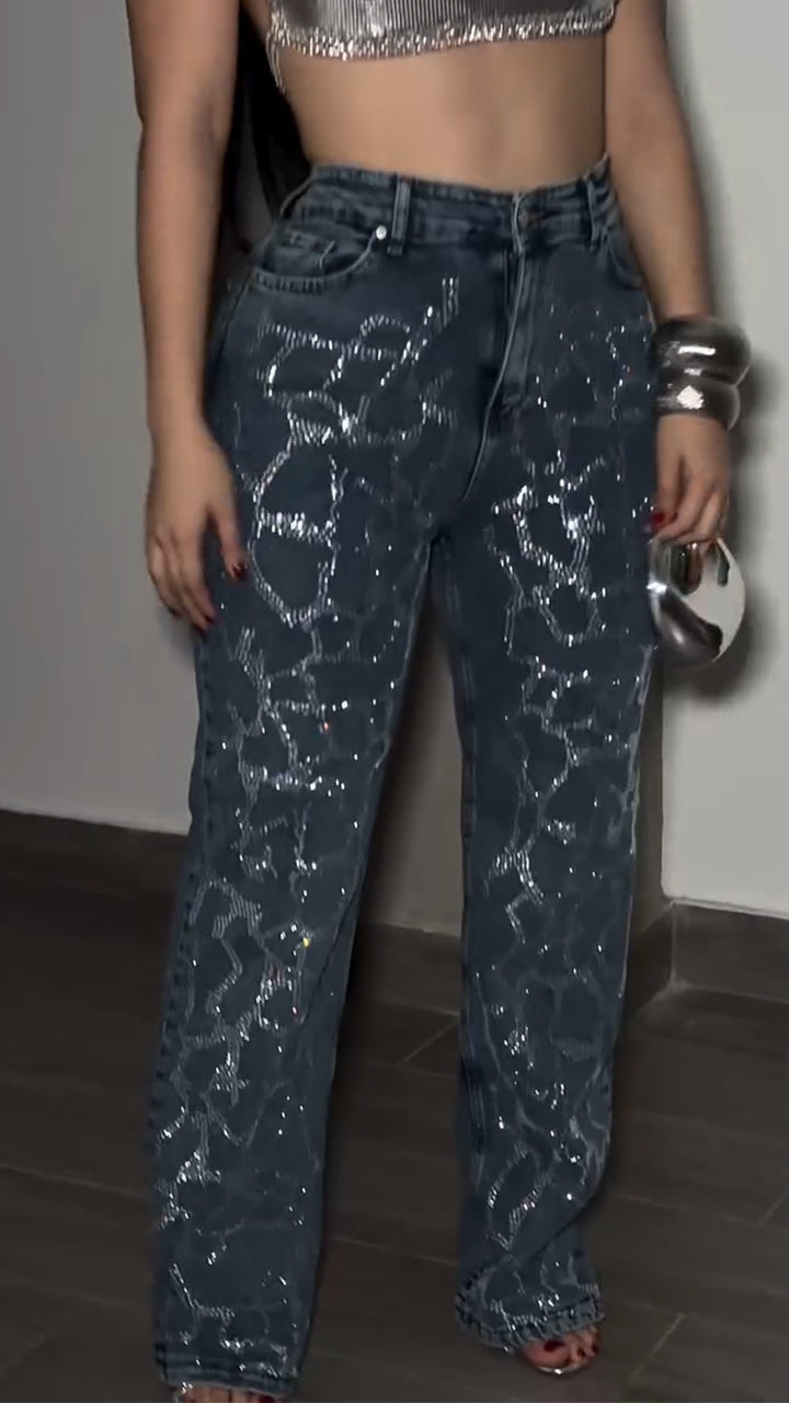 Women Rhinestone Sparkling Casual Jeans