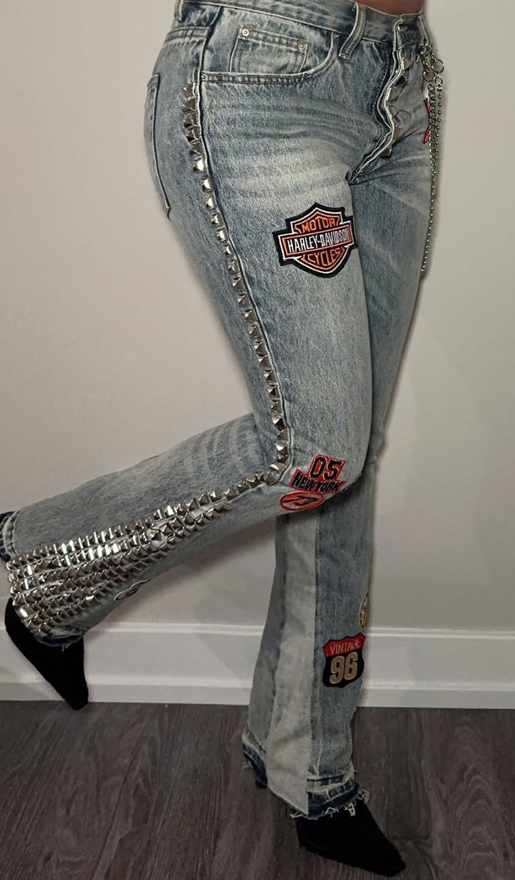 Womens Printed Washed Water Casual Jeans