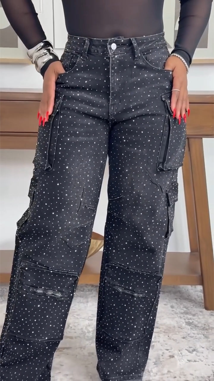 Womens Rhinestone Washed Water Spliced Multi Pocket Casual Jeans