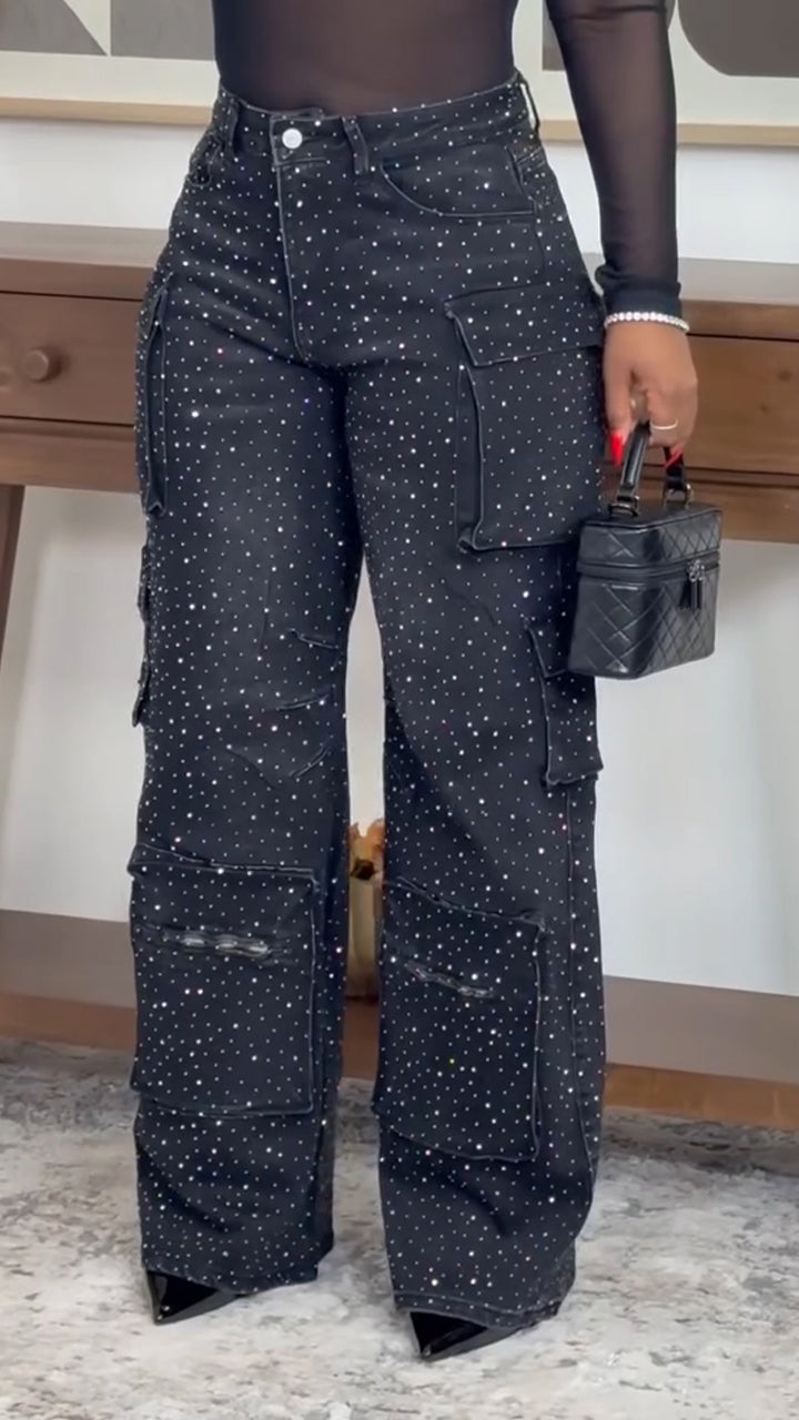 Womens Rhinestone Washed Water Spliced Multi Pocket Casual Jeans