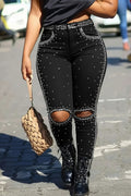 Women's Casual Rhinestone Ripped Skinny Jeans