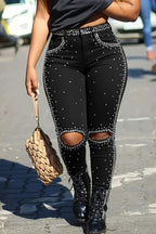 Women's Casual Rhinestone Ripped Skinny Jeans