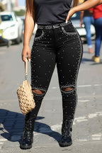 Women's Casual Rhinestone Ripped Skinny Jeans