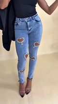 Women Heart-Shaped Rhinestone Hollow Casual Jeans