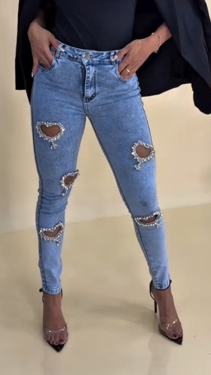 Women Heart-Shaped Rhinestone Hollow Casual Jeans