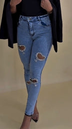 Women Heart-Shaped Rhinestone Hollow Casual Jeans