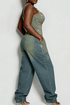 Hot Selling Women's Casual Rivet Denim Jumpsuit