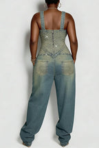 Hot Selling Women's Casual Rivet Denim Jumpsuit