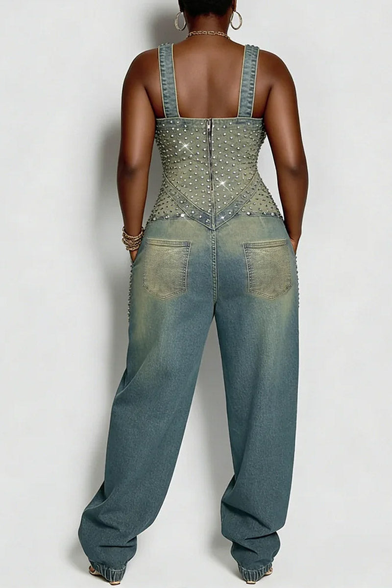 Hot Selling Women's Casual Rivet Denim Jumpsuit