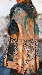 Women Hooded Printed Patchwork Denim Casual Coat